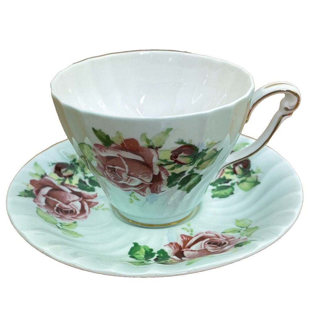 Vintage Queen Anne Tea Cup & Saucer Set Pastel Green w Pink Roses Numbered - Picture 2 of 12